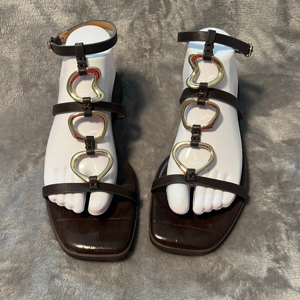DV Dolce Vita Womens Dark Brown Croc Embossed Gold Ring Gladiator Sandals 8.5